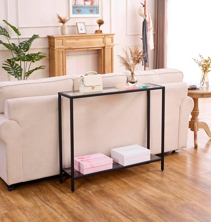 MAJARO Small Modern Console Table for Entryway, Tempered Glass with Metal Frame Sofa Table for Living Room, Hallway, Office (Double-Layer, Black)
