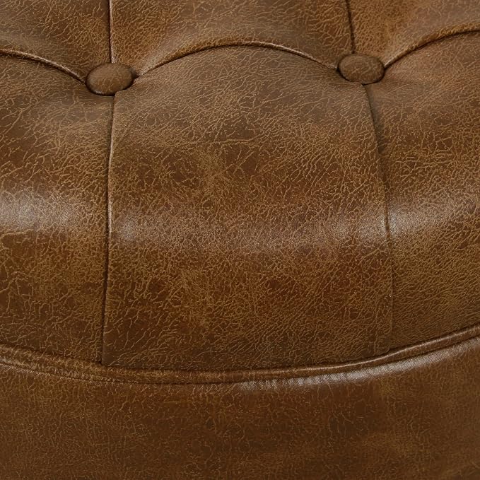 HomePop 25" Button Tufted Round Storage Ottoman - Brown Faux Leather