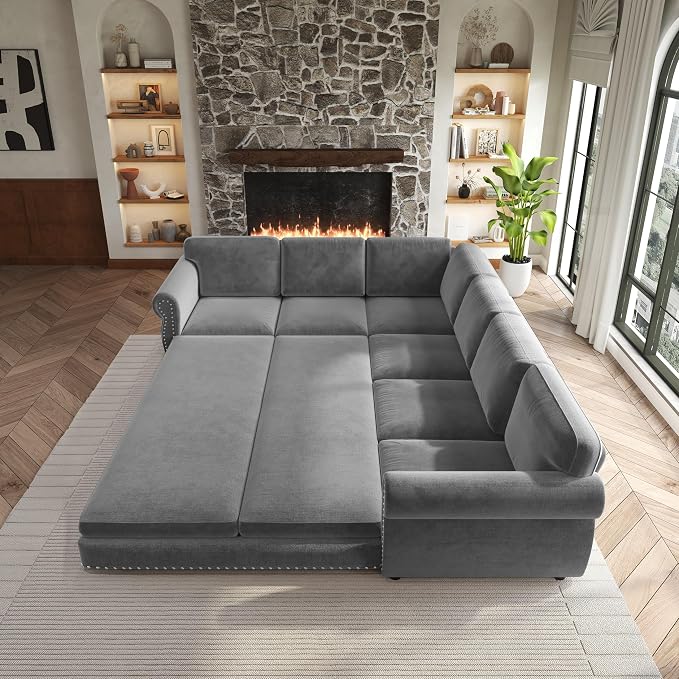 118" L-Shaped Sleeper Couch Bed - Oversize Convertible with Pull-Out Sofa Bed, Button Tufted Chesterfield Sofa, Chenille Sectional Vintage Couches for Living Room/Apartment(6-Seater, Light Grey) | Oversize Convertible