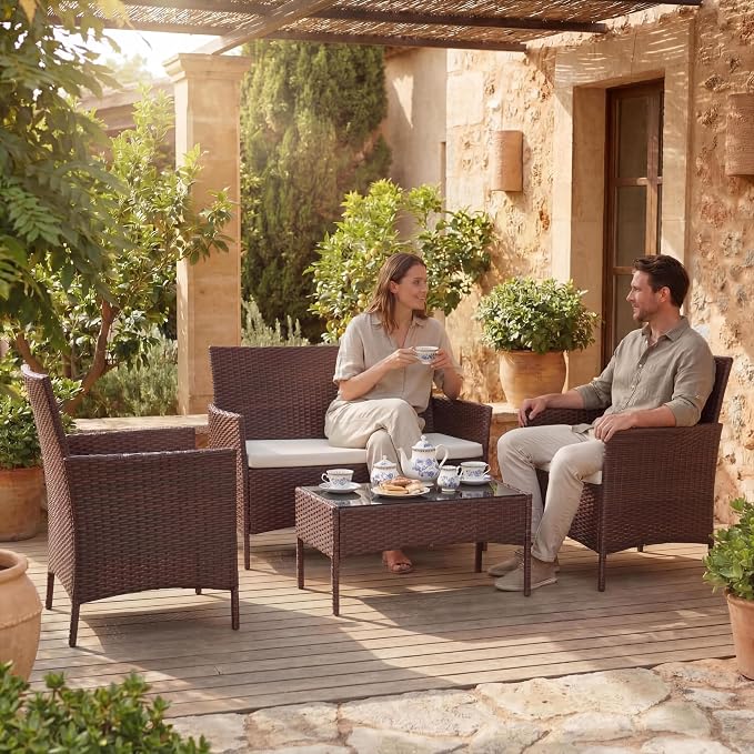 4 Piece Patio Furniture Set, Outdoor Deck Rattan Chair Wicker Combo Furniture, All Weather Dialogue Rattan Sofa with Upholstery and Glass Table for Garden, Backyard, Porch, Lawn, Pool, Brown+White