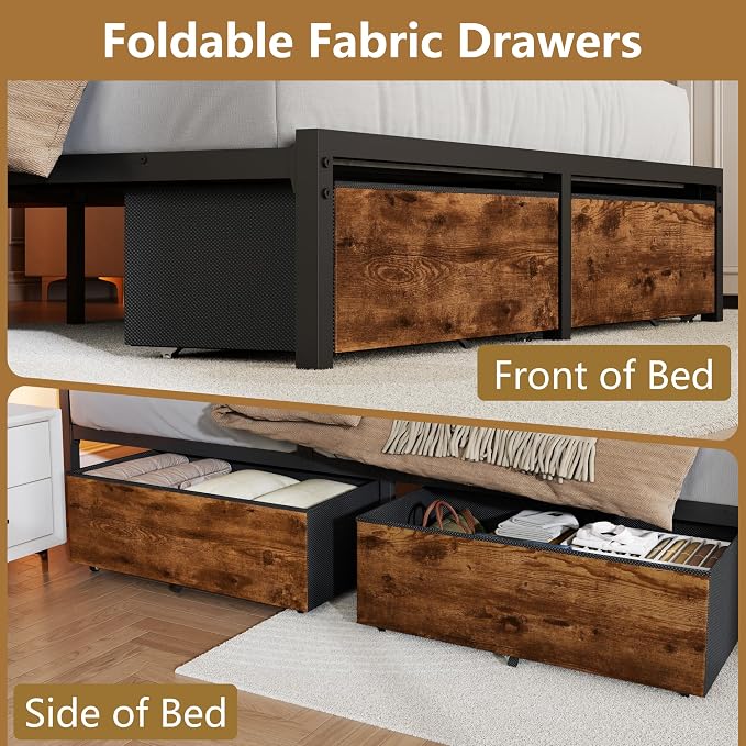 Forestell Full Size Bed Frame with Wood Headboard, Metal Platform Bed with 2 Storage Drawers & Shelf, Built in Charging Station & LED Lights, No Box Spring Needed, Vintage Brown, Camas Full