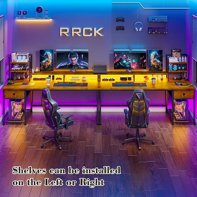 EnHomee 55" Reversible Computer Desk, Hutch, USB & LED, Rustic Brown | Fits 2 Monitors on Stand; Drawer & 3 Shelves; 60,000 Colors Music Sync RGB; 3 AC Ports & Type-C; Steel Frame; Easy Build