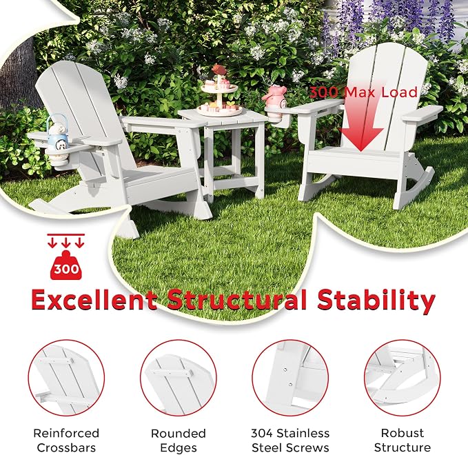 Costaelm Paradise 3-Piece Kids Table and Chairs Set with Toddler Rocking Chairs and Cup Holders, White