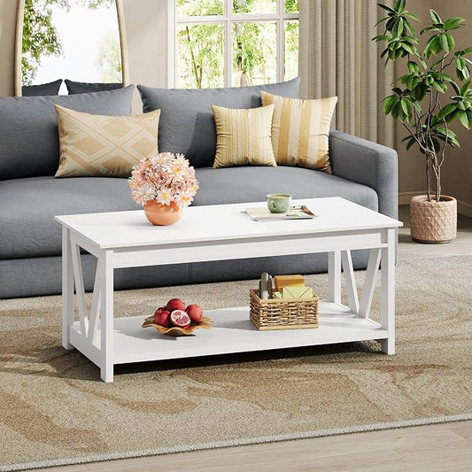 WLIVE Coffee Table with Storage Shelf, 39.4" Farmhouse Coffee Table with V-Frame Support, 2-Tier Wood Rustic Center Table for Living Room, Bedroom & Balcony, All White