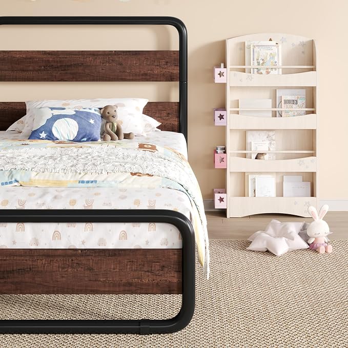 SHA CERLIN Twin Size Metal Bed Frame with Wooden Headboard and Footboard, Heavy Duty Oval-Shaped Platform Bed Frame with 10" Under-Bed Storage, Heavy Duty Slats Support, No Box Spring Needed, Mahogany