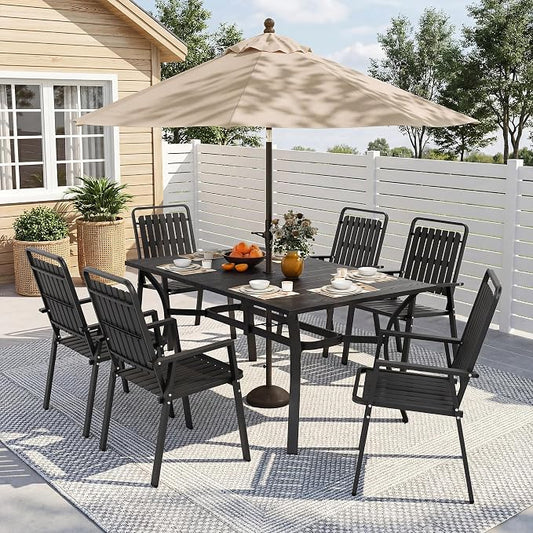 Outdoor Dining Set for 6, Patio Table and Chairs Set with 1.97'' Umbrella Hole, 7pcs Patio Furniture Set 63”x37.8” Black Dining Table Set for Porch Deck Backyard Pool