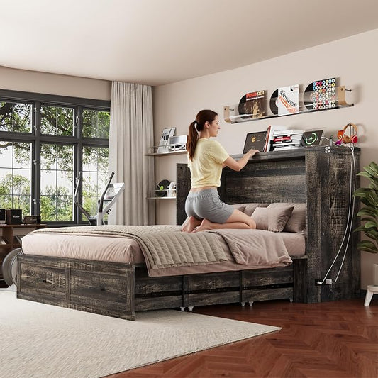 Bellemave Queen Murphy Bed, Cabinet Bed with Charging Station and Storage, Farmhouse Murphy Cabinet with Foldable Panel, Noisy Free, for Guest Bedroom, Living Room, Office, Rustic Gray