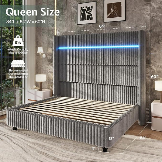 Jocisland Queen Bed Frame Faux-Fur Upholstered 60" Tall Headboard, Gray | Wingback Headboard, LED lights,USB Charging, Noise-free, No box spring needed, easy assembly, for Couples & Guest Room