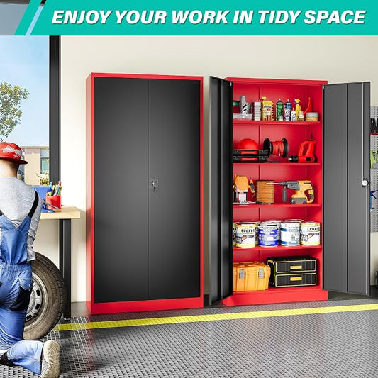 SISESOL Red Metal Storage Cabinet with Locking Doors and Shelves,Garage Storage Cabinet with Lock,Steel Locker,Lockable Cabinets for Home,Office,Shop,Garage Cabinets