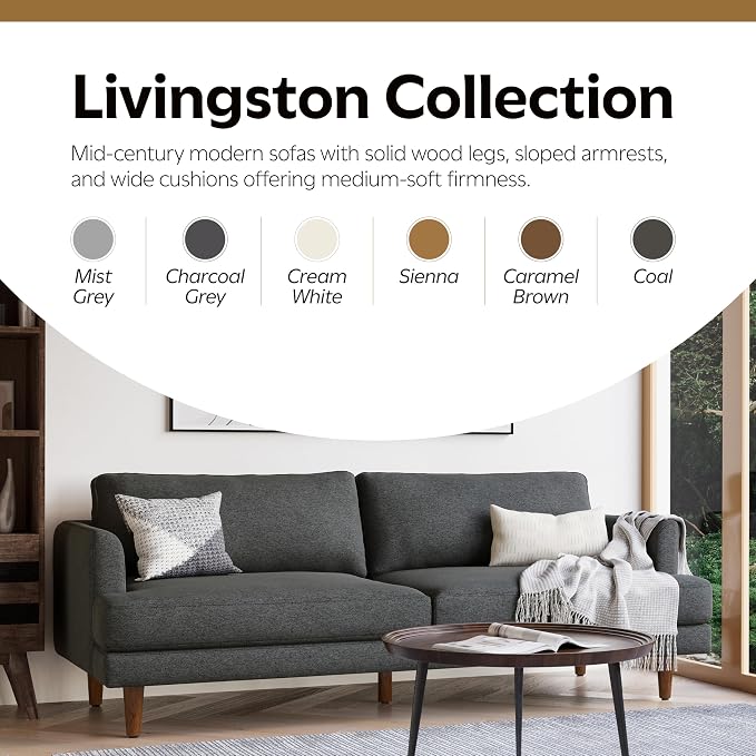 SIMPLIHOME Livingston 76" Wide x 33" High Sofa in Charcoal Grey Woven-Blend Fabric, Handcrafted Loveseat Couch for Living Room or Family Room, Mid-Century Modern Style, Solid Wood Frame