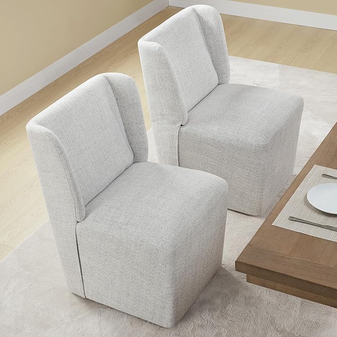 KISLOT Upholstered Dining Chairs Set of 4 with Casters, Wingback Modern Side Armless Deskchair with Rollers for Diningroom Bedroom Livingroom Reading Room, Pale Gray Fabric