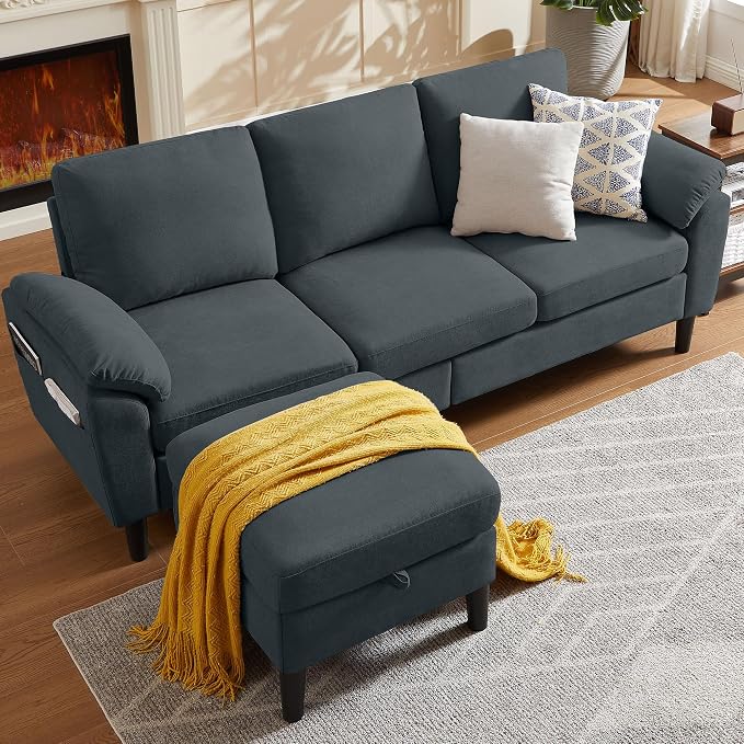 80" Convertible Sectional Sofa, Modern Linen Small L Shaped Couch with Reversible Chaise and Storage Ottoman, 3-Seat Sofa Couches for Living Room, Office, Apartment, Dark Grey