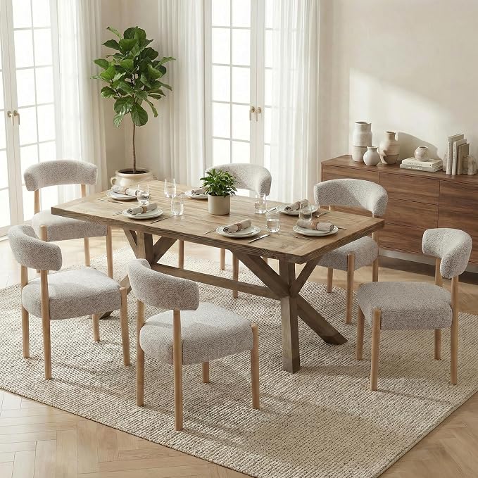 VKNOW Wooden Dining Chairs Set of 4 with Curved Open Back, Brown | Natural Rubberwood Legs, Soft Chenille Fabric, Thickened Cushion, For Adults and Family, Dining Room, Kitchen, No Wobble