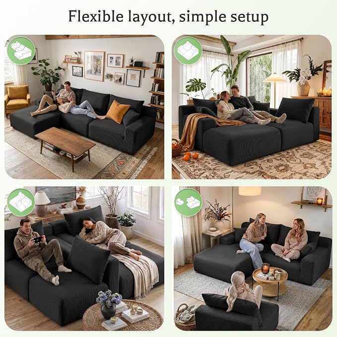 Homkdom 98" Boneless Modular Sectional Sofa, Cloud Couch with 27" Deep Seat & Oversized Chaise, L-Shaped High-Density Foam Sofa for Living Room, No Assembly Required (Black-Check, Left Facing)