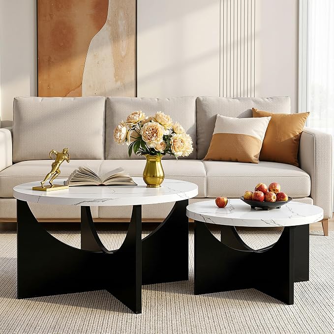 LIKIMIO Nesting Coffee Tables Set of 2, 31.5" Round Side Tables for Living Room, Wooden End Table, Marble
