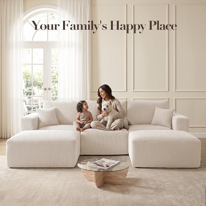 Living&Giving 115" Modular Cloud Boneless Couch, U Shaped Sectional Sofa with Chaise, Corduroy Floor Couch for Living Room, High-Density Foam & Firm Lumbar Support for Apartment, Beige