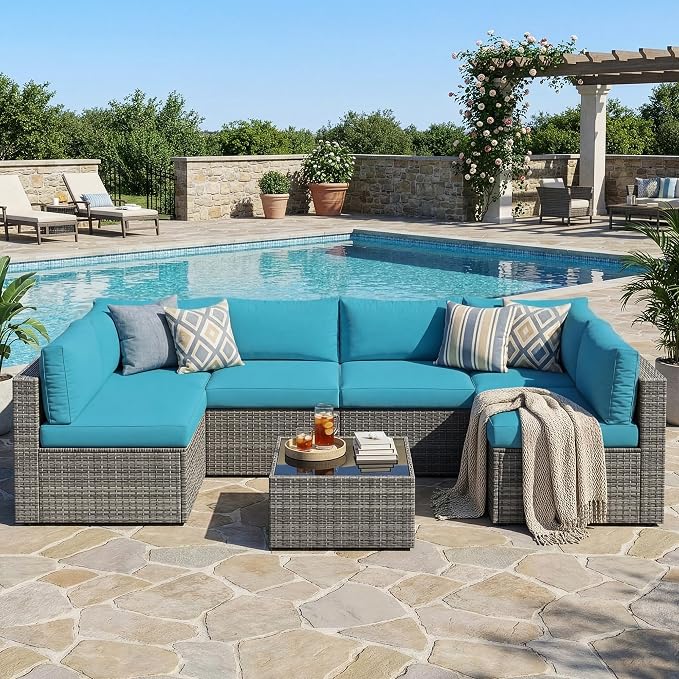 Wisteria Lane 7 Pieces Outdoor Patio Furniture Set, Wicker Outdoor Patio Sectional Sofas with Coffee Table, All-Weather Patio Conversation Set for Garden Backyard, Light Blue