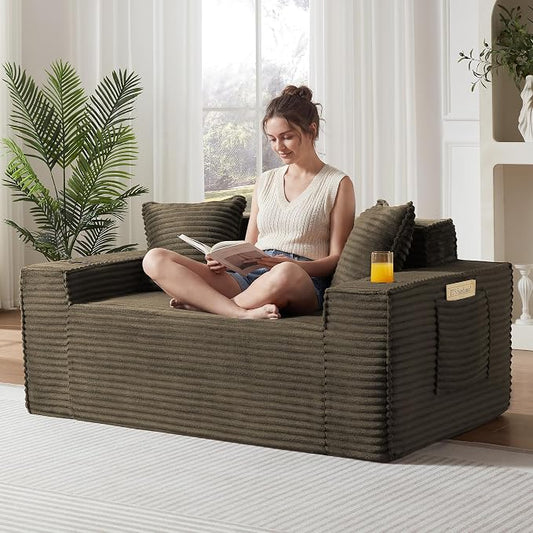 61" Boneless Sofa Couches with Cup Holder,2 Seat Loveseat Sofas with Side Pocket for Compact Living Rooms, Apartments (Brown, Loveseat Sofa)