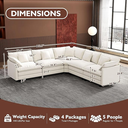 Ihanherry 114" V-Shaped Modern Sofa Modular Sectional Cloud Couch with Corner Section, 5-Seat Chenille Deep Seat Sofa with 5 Pillows for Living Room, Bedroom and Apartment, Beige