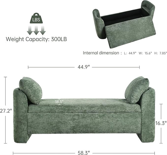 Usaint 58.3" Storage Ottoman Bench with Pillows, Upholstered End of Bed Bench with Arms, Footrest Stool Bench for Bedroom, Living, Window, Entryway and Hallway, Green