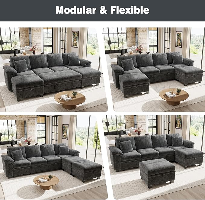 Ihanherry 108" Modular Sectional Sofa with Pull Out Bed, 6-Seater U Shaped Sectional Sleeper Couch with Storage Ottoman, Chenille Convertible Couches for Living Room, Apartment (Grey)