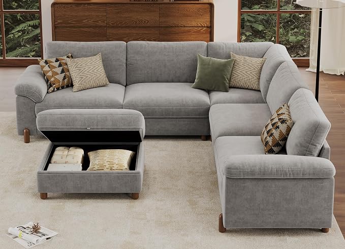 SITJOY Large Cloud Couch, 106" Wide 5 Seater V Shape, Light Gray Chenille | Detachable and Washable Chenille Cover Sectional Sofas for Living Room, Deep Seat Wide Couch with Chaise, Storage Ottoman