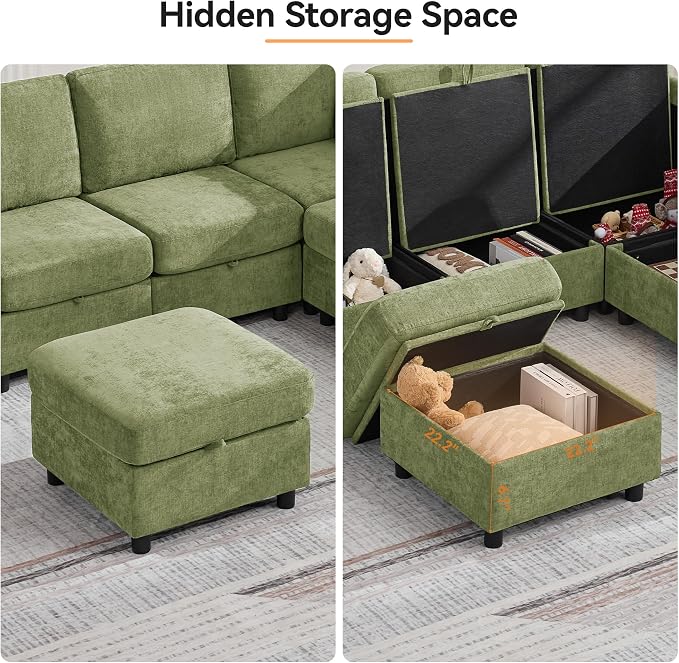 127'' Oversized U Shaped Modular Sofa, Sectional Couches with Storage for Living Room, Modern 9 Seater Cloud Sectional Couch with Movable Ottoman, Chenille Green