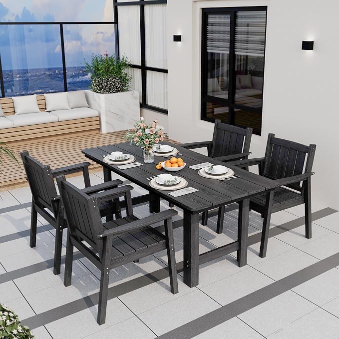 Pamapic 5-Piece Outdoor Dining Set, HDPE Outdoor Rectangular Table and 4 Chairs, Wood Grain Patio Furniture Sets with Armrest, All-Weather Patio Dining Table with Umbrella Hole, Gray