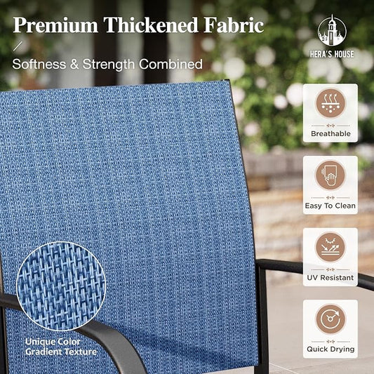 HERA'S HOUSE 5 Pieces Patio Table and Chairs Set, Outdoor Dining Furniture for 4, 42" Black Metal Round Dining Table with Umbrella Hole, 4 x Blue Textilene Chairs for Lawn Garden Backyard Deck