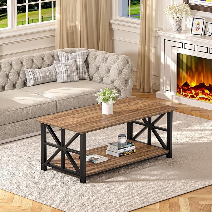 GreenForest Round Corners Coffee Table for Living Room | Rustic Style Center Table with Storage Shelf,39 Inch Space Saving,X-Frame Sofa Table,Easy Assembly,Walnut