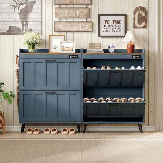 ChooChoo Shoe Storage Cabinet with 2 Flip Drawers, Deodorizing Shoe Organizer Storage for Entryway, Freestanding Hidden Slim Narrow Shoe Rack Cabinet, Blue