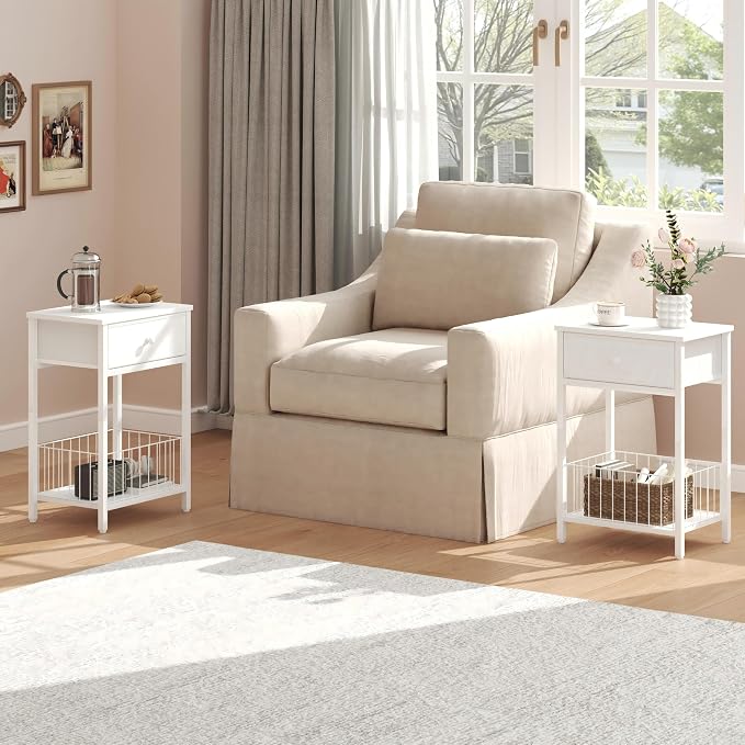 White Small nightstand, White Nightstand, Side Table for Small Spaces, 2 Tiers Storage Shelves End Table, Night Stand for Living Room, Bedroom, Dorm LNT0061W2