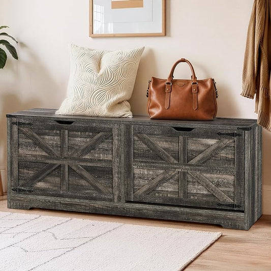 DWVO Shoe Storage Bench, 55" L Shoe Cabinet with 3 Flip Drawer & Flip-Top Storage, Farmhouse Modular Tilt-Out Organizer for Entryway, Mudroom, Bedroom | 3 tilt-out drawers, flip-top storage, farmhouse style, for entryway mudroom bedroom, sturdy wooden ...