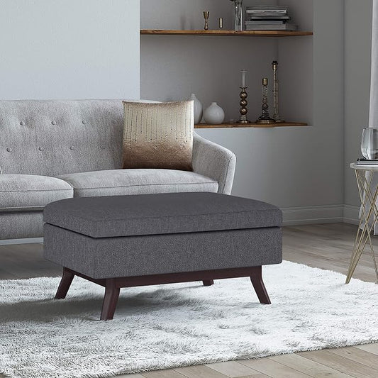 SIMPLIHOME Owen Coffee Table Storage Ottoman - 34" Wide x 19" High Upholstered Linen Look Fabric Rectangular Lift-Top Ottoman in Slate Grey, Mid-Century Modern Bench for Living Room with Tapered Legs