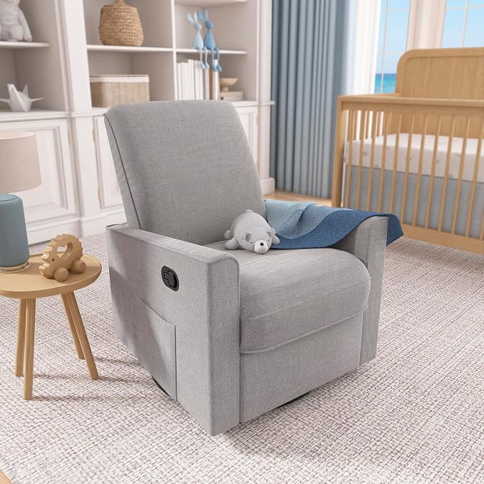 Evolur Raleigh Upholstered Manual Glider Recliner– Rocking & 360° Swivel with Smooth Glide – Greenguard Gold & FSC Certified – Modern Nursery and Living Room Chair in Light Grey