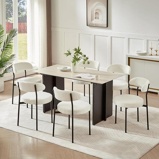 SoarFlash Dining Chairs, Beige Boucle Chairs Set of 6, Kitchen Dining Room Curved Backrest Upholstered Mid Century Modern Dining Chairs with Black Metal Legs