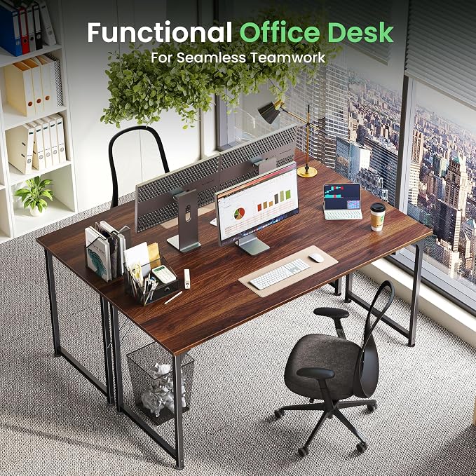 Huuger Computer Desk, 54 Inch Office Desk, Gaming Desk with Storage, Writing Desk Work Desk for Home Office, Study, Modern Simple Desk, Large Legroom, Metal Frame, Walnut