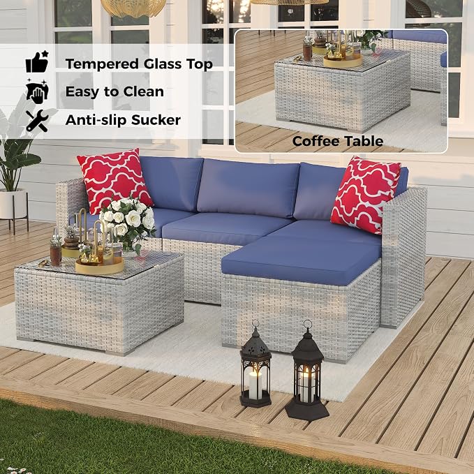 Patio Furniture Set 4 Pieces, Outdoor Patio Furniture Set with Rattan Wicker Chairs, Glass Table and Cushions for Porch, Balcony, Backyard, Garden, Poolside, Brown & Red (Grey+Blue, 5 Pieces)