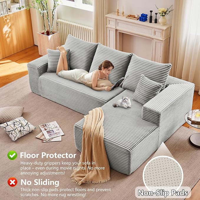 96" Modular Sectional Sofa, Modern Corduroy Cloud Couch with Deep Seat, Boneless Couch Upholstered 3-Seater L-Shaped Sofa for Living Room, No Assembly Required (Light Gray, Right-Facing Chaise)