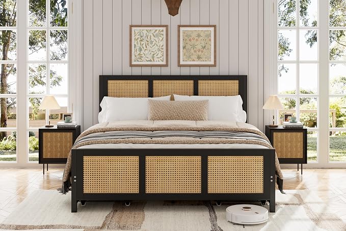 Garvee Rattan Full Bed Frame with 4 Storage Drawers, Boho Cane Bed Frame with LED Headboard (7 Colors), Strong Metal Slats Support, Noise Free, No Box Spring Needed, Easy Assembly, Black