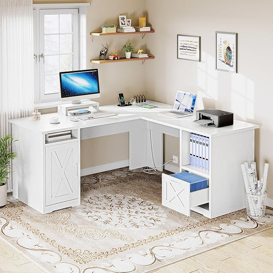 YITAHOME L Shaped Desk with Power Outlets, 60 Inch Computer Desk Corner Desk with File Drawer, Home Office Desk with Monitor Stand & Storage Shelves, L-Shaped Desk with File Cabinet, White