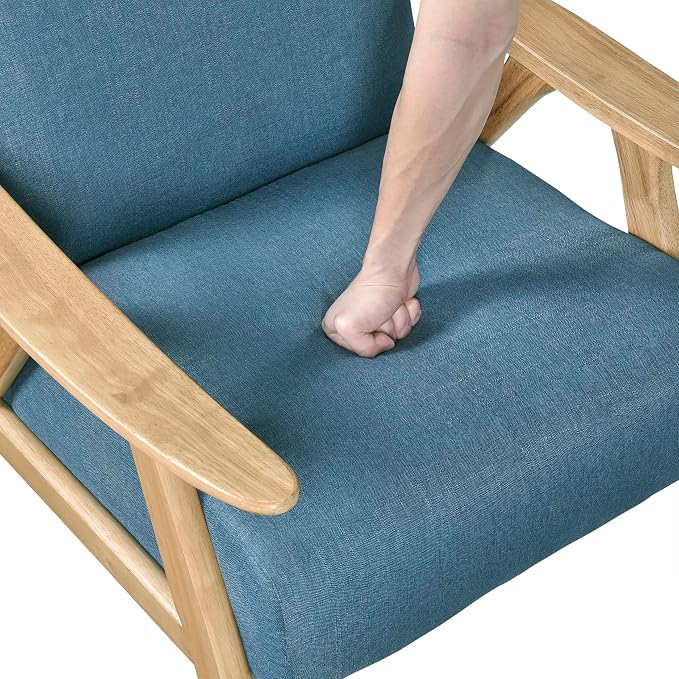 Lexicon Mid Century Modern Accent Chair with Solid Wood Frame in Natural Finish, Textured Fabric Living Room Lounge Arm Chair, Thick and Comfy Innerspring Seat Cushion, Linen-Look Fabric, Blue
