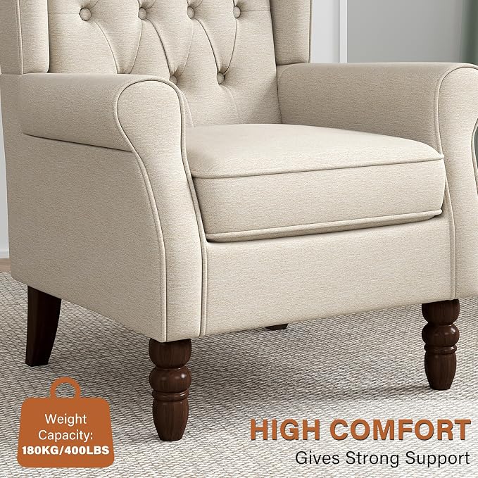 Wingback Accent Chairs Set of 2, High Back Arm Chair for Living Room, Button-Tufted Upholstered Fabric Armchair with Solid Wood Legs, Comfy Single Sofa Reading Chair for Bedroom, Beige