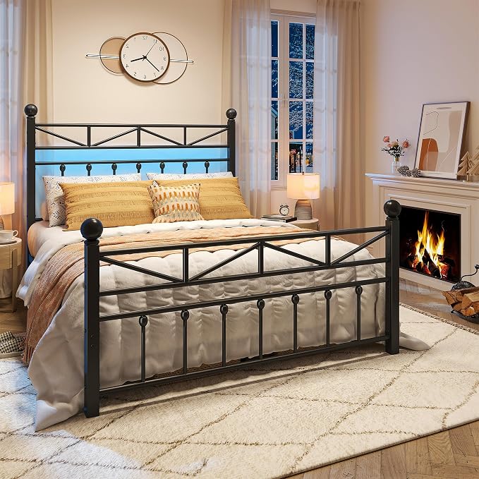 EnHomee 14.2" Metal Full Size Bed Frame with Tall Headboard & Footboard, LED Light Full Bed Frame, Strong Slats Support and Noise-Free Design with Under Bed Storage/No Box Spring Needed/Black