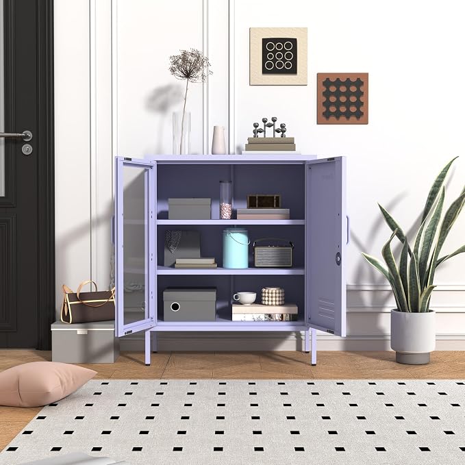 Purple Lockable Glass & Metal Door Storage Cabinet, 3-Tier Freestanding Locker Organizer with 2 Adjustable Shelves, Multipurpose Unit for Home, Entryway, Hallway, 33" H x 29.5" W x 13.8" D
