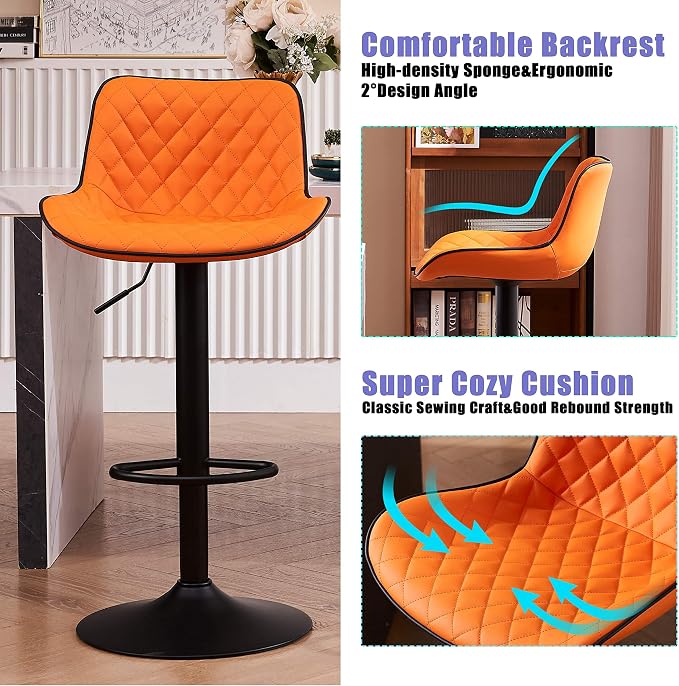 YOUTASTE Orange Black Bar Stools Set of 2, Adjustable Counter Height Swivel Barstools with Faux Leather & Metal Legs, 300 lbs Capacity, Mid-Century Modern Style for Kitchen Island, Home & Restaurant