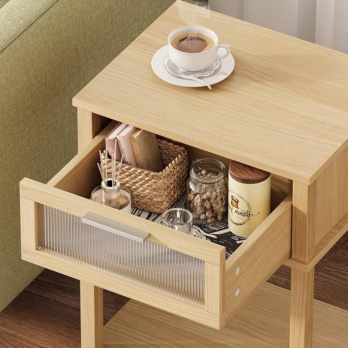 Nightstand Wooden Bedside Table with Drawer Natural Wood Night Stands Modern Style Small End Table Side Table with Storage Shelf for Bedroom Living Room MLBZ10YEV