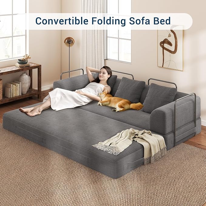 89" Cloud Boneless Convertible Sofa Bed, 5-in-1 Foldable Compressed High-Density Sponge Sofa, Corduroy Fabric 3 Seater Sleeper Couch Futon Daybed for Living Room Bedroom (Medium Gray)