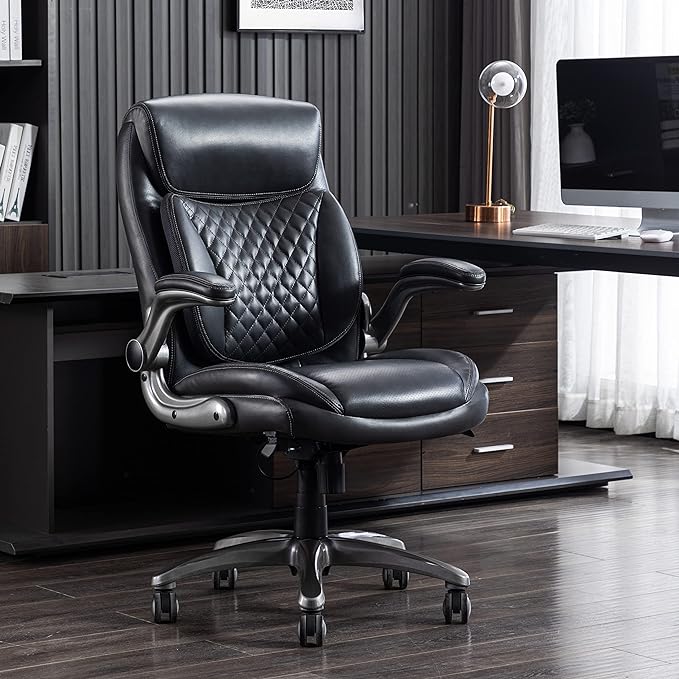 Amazon Basics Ergonomic Executive Office Chair with Adjustable Lumbar Support, Flip-up Arms, Height Adjustable, 360° Rolling Swivel, Computer Desk Chair, Grey Leather