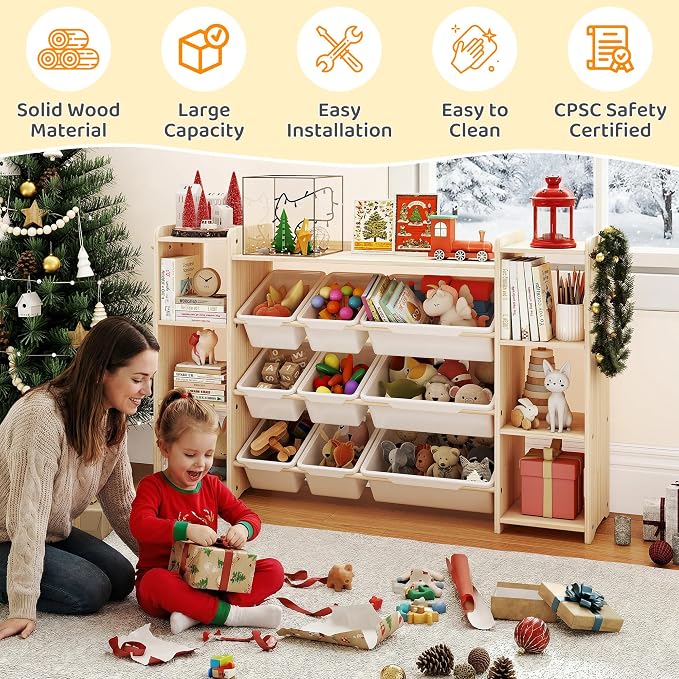 GITAWUSA Toy Storage Organizer, Kids Bookshelf with 6 Shelves, 9 Toy Bins & 6 Hooks | Toy Shelf, Storage Bin Unit, Toy Organization for Playroom, Nursery, Bedroom, Toddler Room, White, 57''W